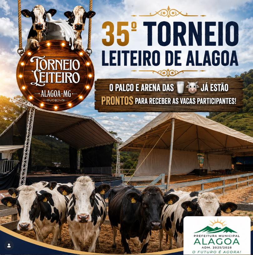 Cartaz do 35º Torneio Leiteiro de Alagoa, com vacas no parque de exposições